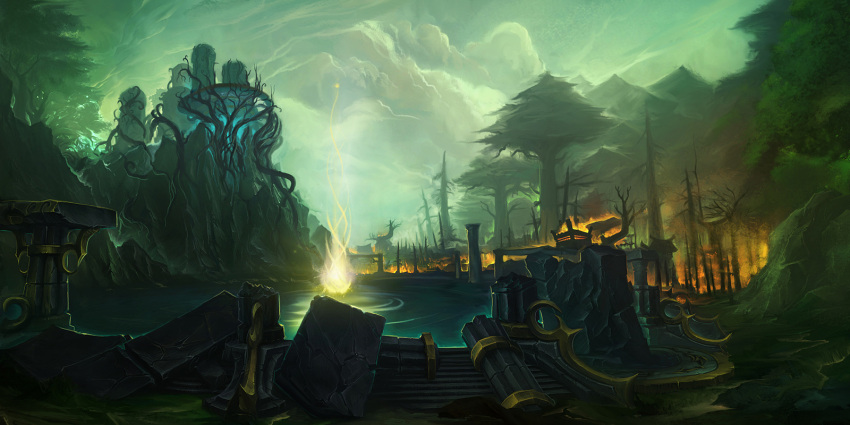 clouds cloudy_sky fire forest highres landscape magic nature no_humans pedestal pillar pond ruins scenery sky tree warcraft water world_of_warcraft