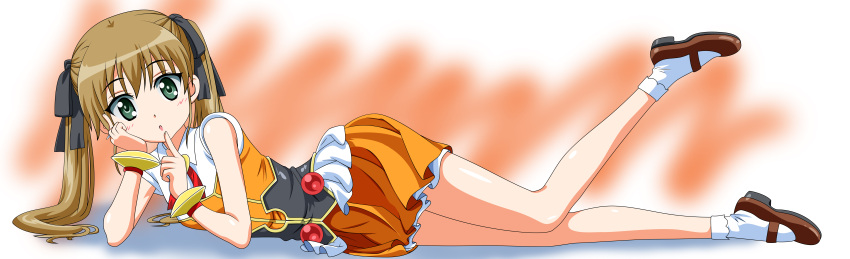1girl absurdres brown_hair derivative_work dog_days finger_to_mouth green_eyes highres legs lying on_side rebecca_anderson sigsig skirt tagme twintails vector_trace