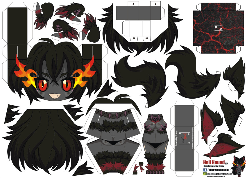 1girl animal_ears artist_name black_hair black_sclera breasts character_name chibi claws collar dog_ears dog_paws dog_tail el_joey fur grey_skin grin hellhound highres long_hair monster_girl monster_girl_encyclopedia paper_cut-out papercraft paws red_eyes smile solo tail watermark web_address