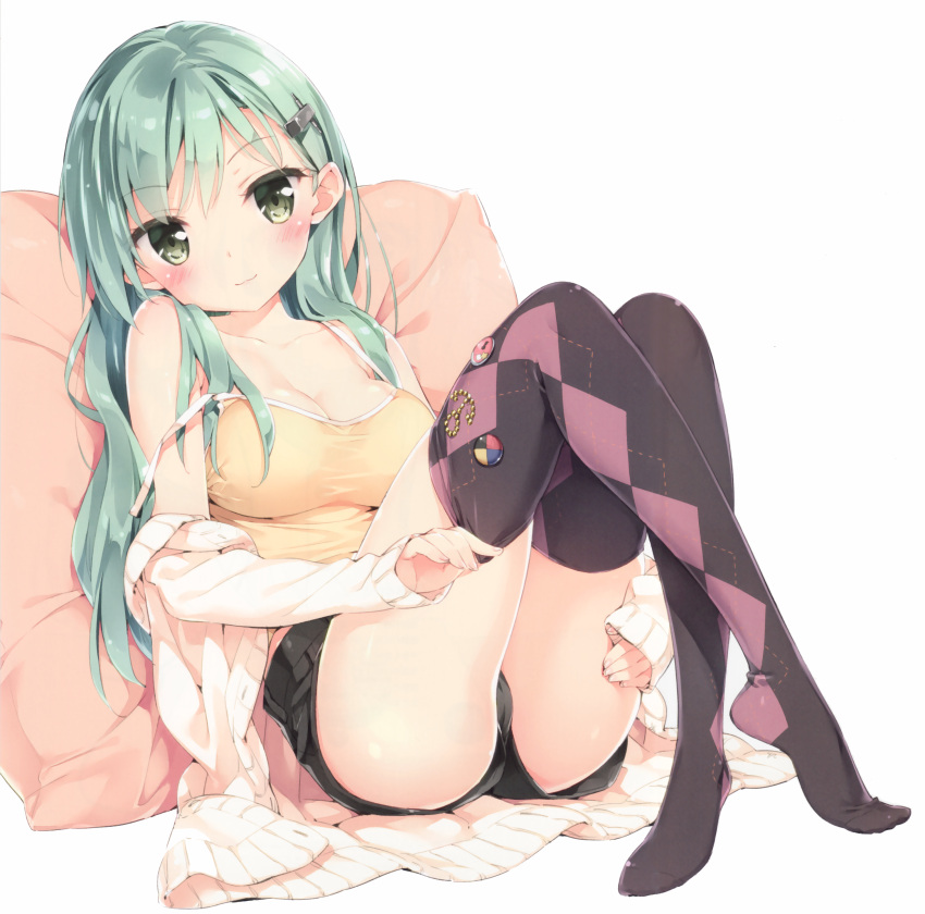 1girl :3 absurdres adjusting_clothes adjusting_legwear argyle argyle_legwear badge blush breasts button_badge camisole casual cleavage collarbone green_eyes green_hair hair_ornament hairclip highres jacket kantai_collection large_breasts light_smile long_hair looking_at_viewer off_shoulder peko pillow short_shorts shorts simple_background sitting solo strap_slip suzuya_(kantai_collection) taut_clothes taut_shirt thigh-highs thighhighs_pull white_background