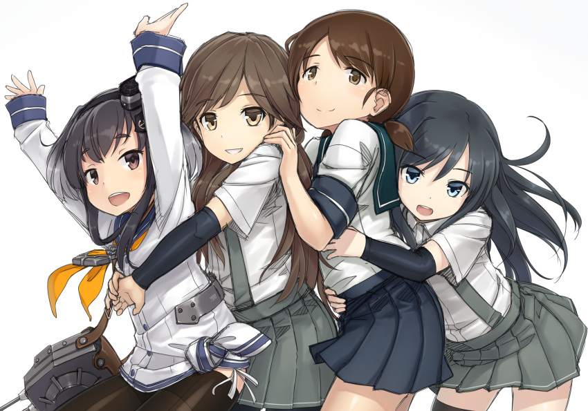 4girls arashio_(kantai_collection) arm_warmers asashio_(kantai_collection) black_hair black_legwear blue_eyes brown_eyes brown_hair gradient_hair grey_hair hairband hayashi_naoji highres kantai_collection long_hair long_sleeves multicolored_hair multiple_girls open_mouth panties pantyhose payot pleated_skirt sailor_dress shirayuki_(kantai_collection) short_hair side-tie_panties simple_background skirt smile suspenders tokitsukaze_(kantai_collection) turret underwear white_background white_panties