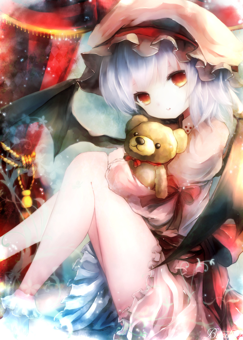 1girl arm_ribbon bare_legs basilis9 bat_wings commentary_request doll_hug dress hat hat_ribbon highres juliet_sleeves long_sleeves looking_at_viewer mob_cap pink_dress puffy_sleeves red_eyes remilia_scarlet ribbon sash silver_hair solo stuffed_animal stuffed_toy teddy_bear touhou wings