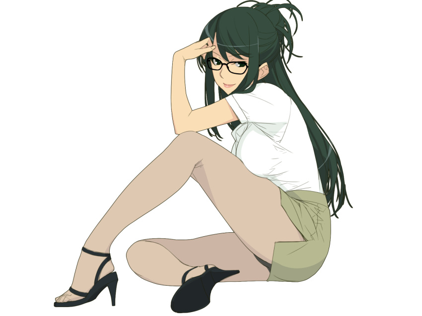 1girl black-framed_glasses black_hair breasts glasses green_eyes hair_bun high_heels highres ino kisaragi_rei large_breasts long_hair looking_at_viewer miniskirt otome_function panties panties_under_pantyhose pantyhose pencil_skirt sheer_legwear simple_background skirt smile solo underwear white_background