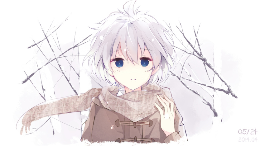 1girl blue_eyes dated highres kosegawa_shiromi looking_at_viewer saki scarf senseofexistenc short_hair solo upper_body white_hair winter winter_clothes