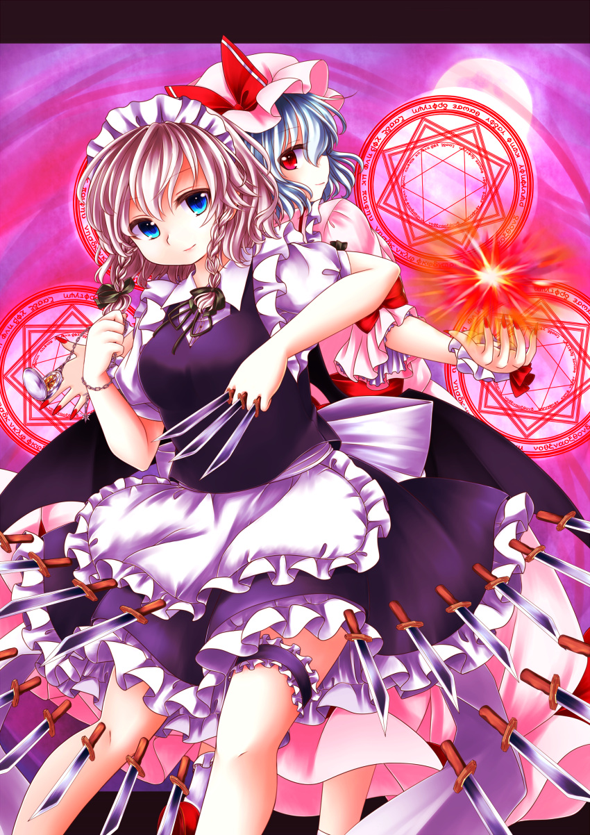 2girls absurdres apron back-to-back between_fingers blue_eyes blue_hair braid chain dress energy_ball fingernails frilled_skirt frills full_moon garters gradient gradient_background greek hair_ribbon hexagram highres izayoi_sakuya knife leaning_over looking_at_viewer looking_back magic_circle maid_headdress mob_cap moon multiple_girls nail_polish outstretched_arms pink_dress pocket_watch posoposo puffy_short_sleeves puffy_sleeves red_eyes remilia_scarlet ribbon short_hair short_sleeves silver_hair skirt skirt_set smile spread_arms touhou tress_ribbon twin_braids waist_apron watch wrist_cuffs