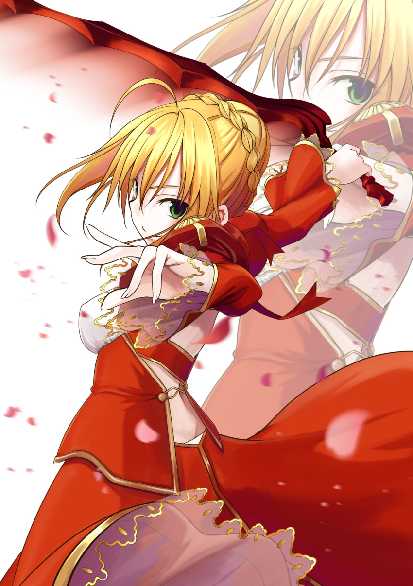 1girl absurdres aestus_estus ahoge blonde_hair fate/extra fate_(series) green_eyes highres looking_at_viewer petals saber_extra short_hair simple_background smile solo sword weapon white_background zoom_layer