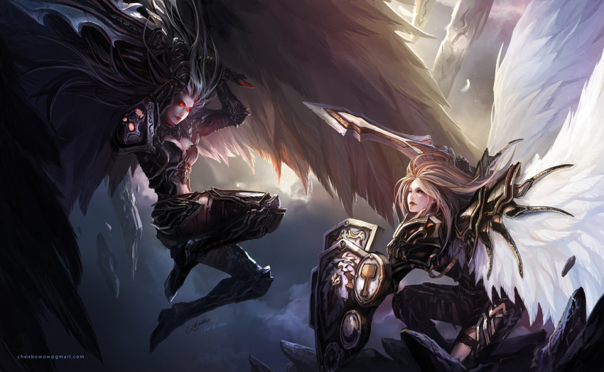armor blonde_hair chenbo highres long_hair shield signature sword weapon wings