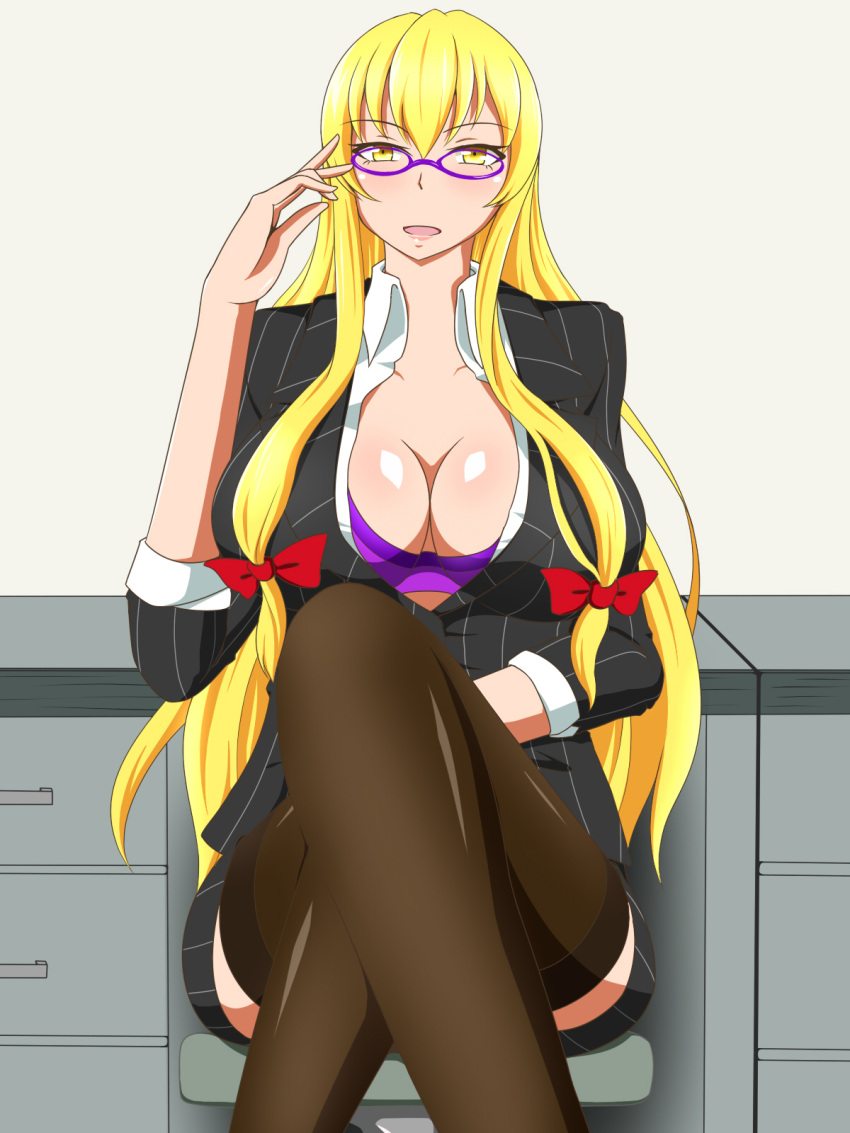 1girl alternate_costume bespectacled bow bra breasts chair cleavage collarbone collared_shirt desk glasses hair_bow hand_up highres huge_breasts jacket lactone long_hair long_legs long_neck long_sleeves looking_at_viewer office_lady open_clothes open_jacket open_mouth open_shirt purple-framed_glasses purple_bra sitting sleeves_rolled_up smile solo thigh-highs thighs touhou underwear very_long_hair wide_hips yakumo_yukari yellow_eyes
