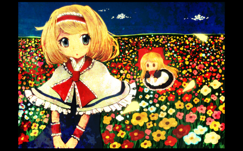 1girl alice_margatroid blonde_hair blue_eyes bow capelet clouds dress field flower flower_field frame frilled_dress frills glowing hair_bow hairband hands_together highres horizon kichin. long_hair looking_at_viewer night night_sky parted_lips petals ribbon shanghai_doll short_hair sky solid_circle_eyes solo touhou wrist_cuffs