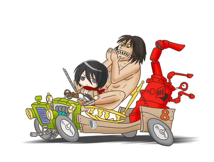 absurdres black_hair crossover eren_yeager highres jacket mikasa_ackerman rogue_titan saw_blade scarf shingeki_no_kyojin short_hair three-dimensional_maneuver_gear wacky_races