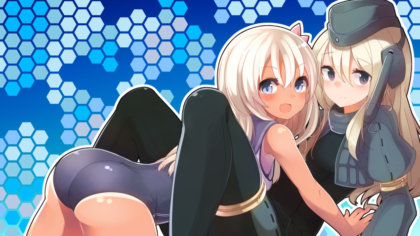 all_fours ass blonde_hair blue_eyes blush brown_hair crop_top cropped_jacket dress dual_persona fang flower hair_flower hair_ornament hat highres kantai_collection leaning_back long_hair looking_back pantyhose ro-500_(kantai_collection) school_swimsuit sitting smile swimsuit swimsuit_under_clothes tan tanline u-511_(kantai_collection)