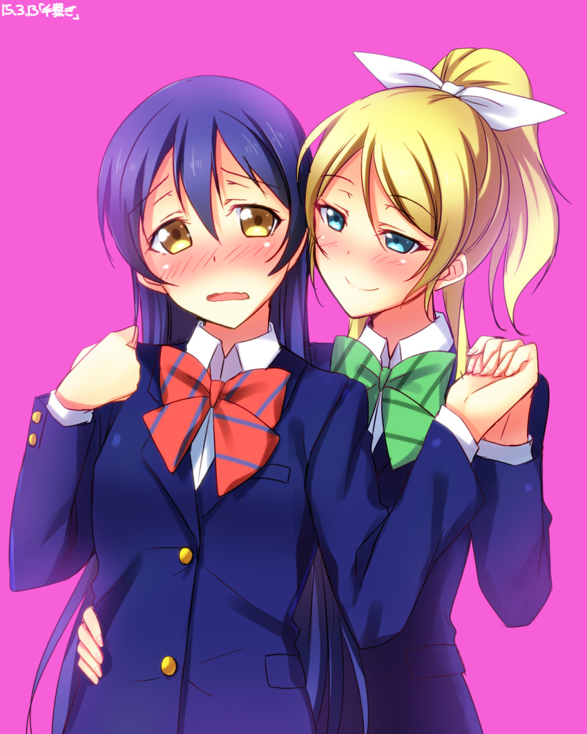 2girls ayase_eli blazer blonde_hair blue_eyes blue_hair blush hair_between_eyes hands_on_another's_hips highres holding_hands long_hair looking_at_another love_live!_school_idol_project multiple_girls pink_background ponytail school_uniform scrunchie simple_background smile sonoda_umi wavy_mouth yellow_eyes yu-ta yuri