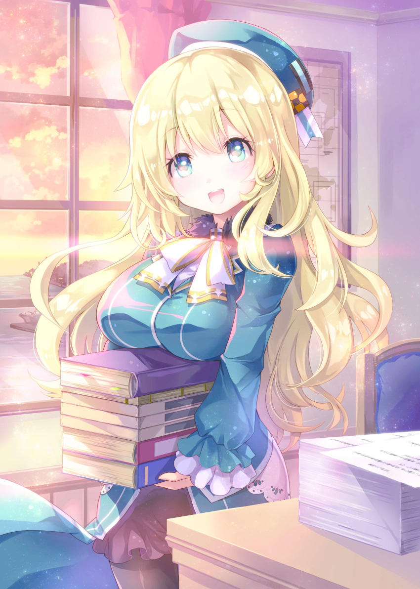1girl :d absurdres ascot atago_(kantai_collection) ayuya_naka_no_hito bangs beret black_legwear blonde_hair blue_eyes book book_stack bookmark breast_rest breasts carrying chair curtains desk eyelashes hat highres indoors jacket kantai_collection large_breasts long_hair long_sleeves looking_at_viewer no_gloves ocean open_mouth pantyhose paper skirt smile solo sunset window