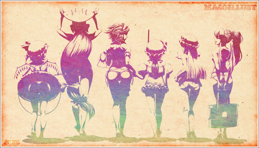 6+girls alternate_hairstyle arm_floats arms_up ass back bag bat_wings bikini bikini_pull book carrying_overhead commentary_request crescent_hair_ornament demon_girl demon_wings flandre_scarlet frilled_swimsuit frills from_behind hair_ornament hair_ribbon hat hat_ribbon head_wings height_difference holding_hands hong_meiling innertube izayoi_sakuya koakuma long_hair maco_(macoillust) maid_headdress mob_cap multiple_girls patchouli_knowledge pointing pointing_forward ponytail remilia_scarlet restricted_palette ribbon side-tie_bikini side_ponytail snorkel swimsuit touhou tress_ribbon very_long_hair walking wings wok