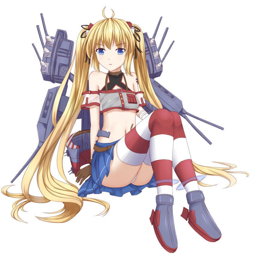 1girl absurdres andrea_doria_(warship_girls_r) bandaid blonde_hair blue_eyes highres long_hair looking_at_viewer mecha_musume midriff panties personification pleated_skirt sitting skirt solo striped striped_legwear thigh-highs twintails underwear very_long_hair warship_girls_r white_panties wujojin
