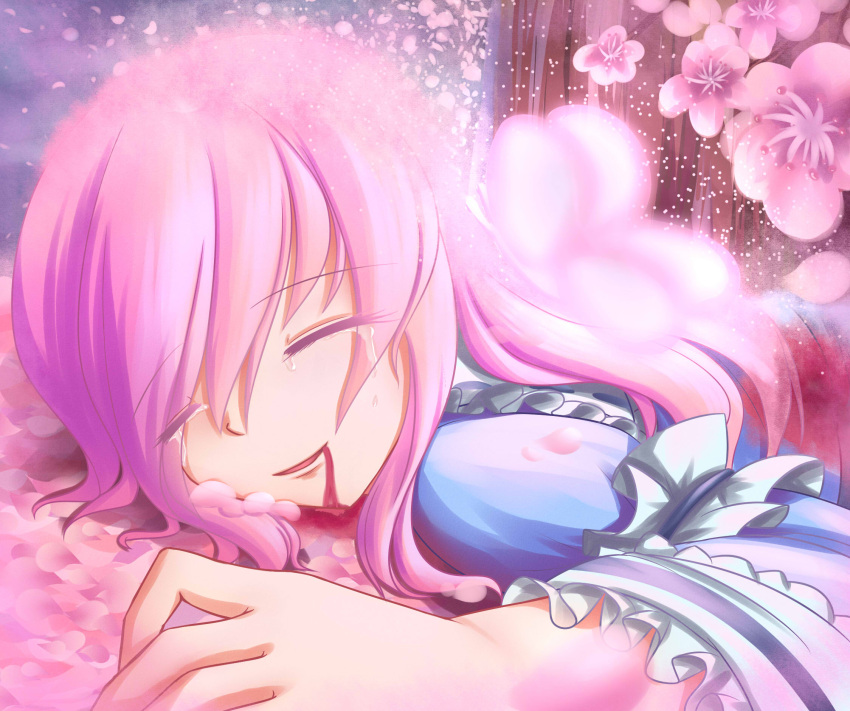 1girl blood blood_from_mouth bloody_clothes cherry_blossoms death dior-zi highres japanese_clothes kimono light_particles lying on_stomach open_mouth parted_lips petals saigyouji_yuyuko smile solo tears touhou tree