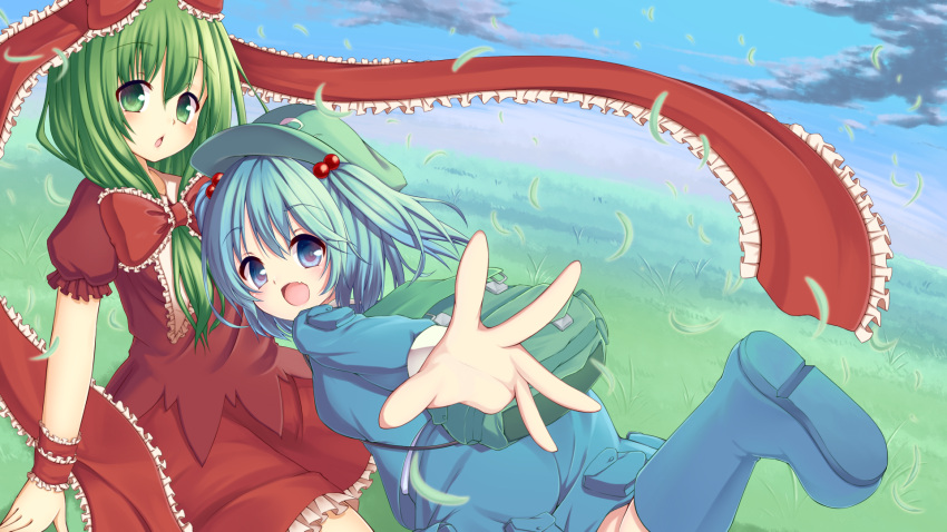 2girls back backpack bag blue_eyes blue_hair blue_sky bow chestnut_mouth clouds cloudy_sky dress flower frilled_skirt frills front_ponytail grass green_eyes green_hair hair_bobbles hair_bow hair_ornament hair_ribbon hat highres kagiyama_hina kawashiro_nitori leg_up long_hair long_sleeves looking_at_viewer looking_back multiple_girls open_mouth outstretched_arm plant pocket puffy_short_sleeves puffy_sleeves reaching reaching_out red_dress ribbon shirt short_hair short_sleeves short_twintails skirt skirt_set sky smile topia touhou twintails wrist_ribbon