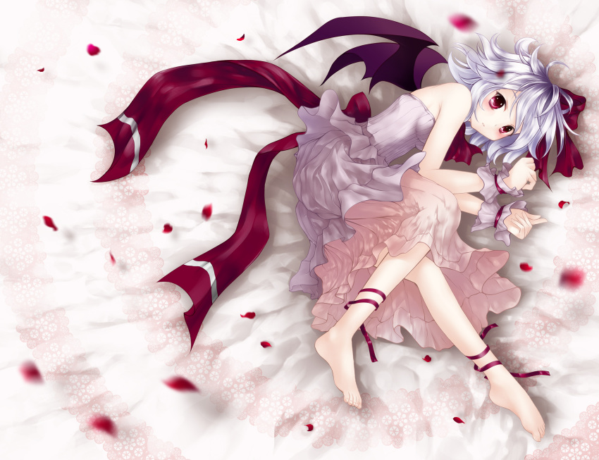 1girl bat_wings bow feet highres lying red_eyes remilia_scarlet ribbon small_breasts solo touhou wings wrist_cuffs