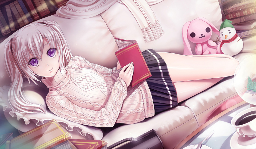 1girl aran_sweater book couch dutch_angle flat_chest g-senjou_no_maou highres long_hair looking_at_viewer reading reclining shiratori_mizuha skirt smile solo stuffed_animal stuffed_bunny stuffed_toy sunimu sweater turtleneck twintails violet_eyes white_hair