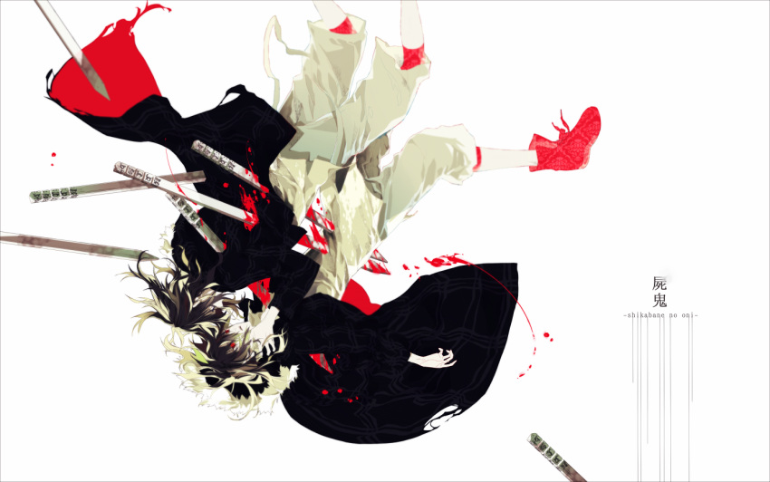 2boys black_hair bleeding blood boots coat dual_persona eye_contact falling fur_trim hands_on_another's_face injury koide_natsuno looking_at_another male_focus molatoliamu multiple_boys red_eyes shiki simple_background sotoba torn_clothes white_background