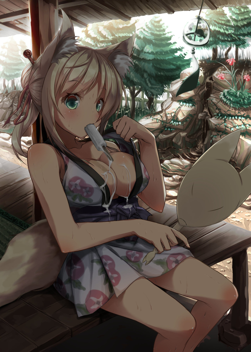 1girl animal_ears artist_request blonde_hair blush breasts dog_days fang food fox_ears fox_tail green_eyes highres ice_cream japanese_clothes large_breasts ponytail solo sweat tail yukikaze_panettone