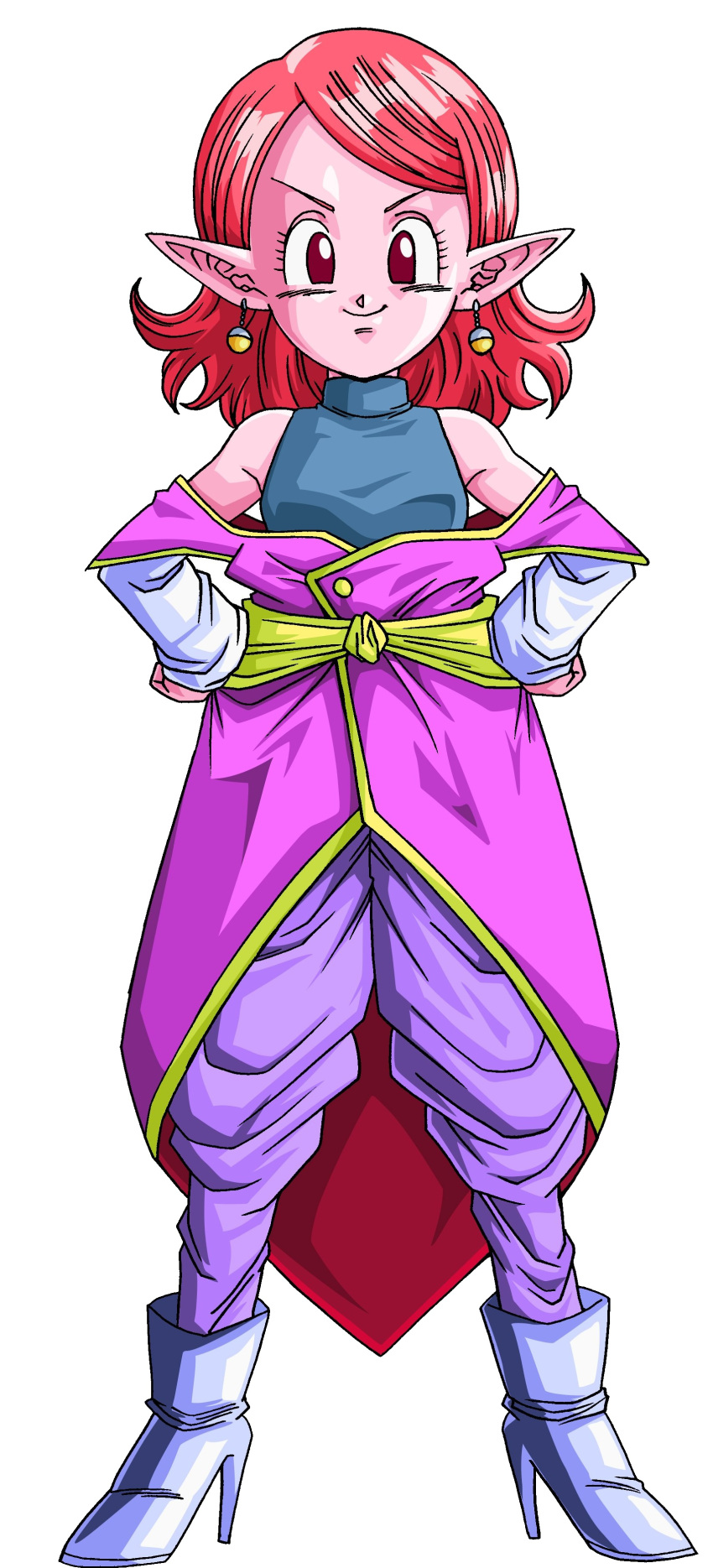 1girl absurdres baggy_pants boots dragon_ball dragon_ball_xenoverse dragon_ball_z earrings high_heels highres jewelry off_shoulder official_art pants pink_eyes pink_hair pink_skin pointy_ears supreme_kai_of_time toriyama_akira