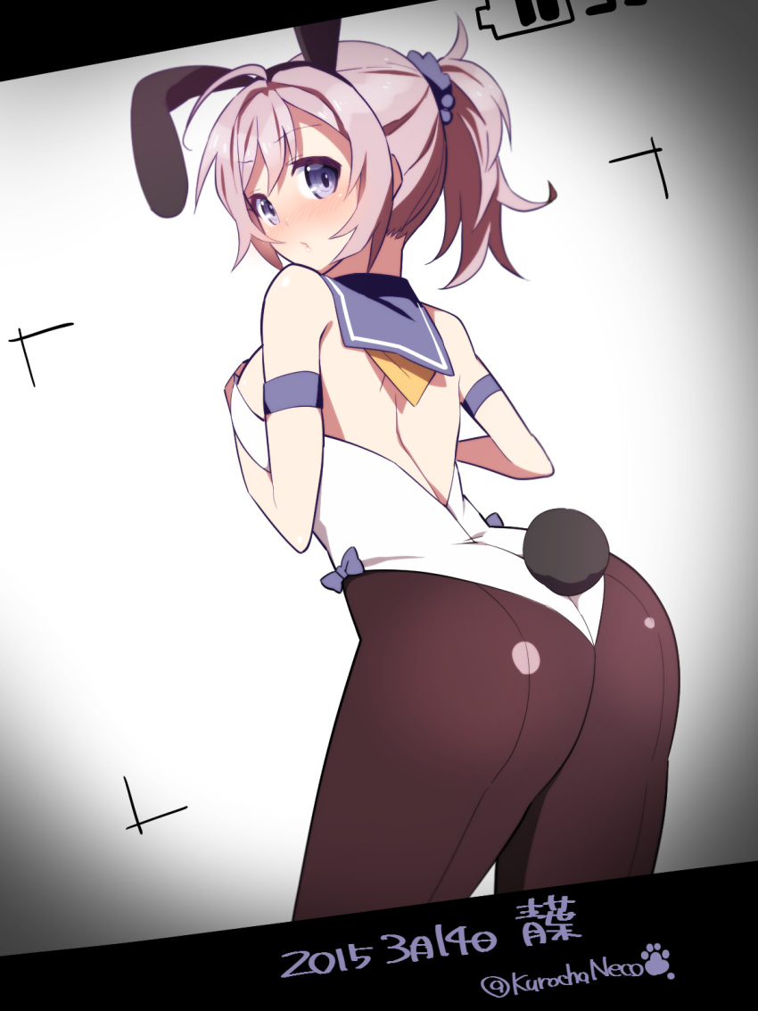 1girl adapted_costume alternate_costume animal_ears aoba_(kantai_collection) ass bare_shoulders blush bunny_tail bunnysuit dated highres kantai_collection kuro_chairo_no_neko long_hair pantyhose photo ponytail rabbit_ears solo tagme tail twitter_username