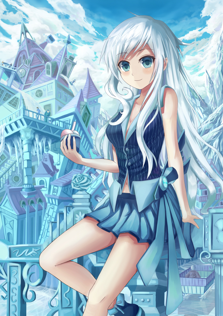absurdres blue_eyes breasts cchhii3 cleavage clouds highres icicle long_hair looking_at_viewer navel original silver_hair skirt smile solo_focus tagme