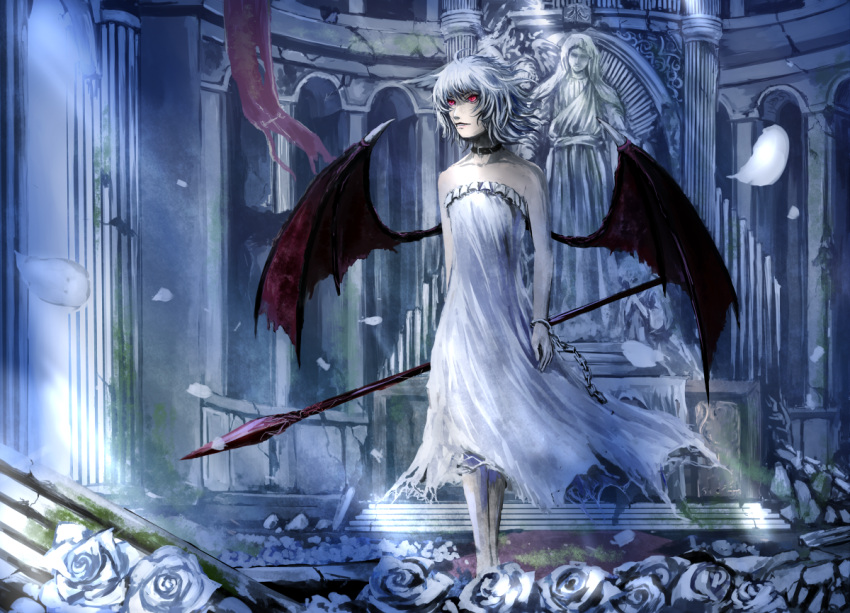 1girl alternate_costume arch bare_legs bare_shoulders bat_wings belt blue_hair broken broken_chain chain chama_(painter) choker collarbone cuffs dress flower handcuffs light light_rays looking_up messy_hair night nose older petals pillar red_eyes remilia_scarlet rose rose_petals ruins solo spear_the_gungnir standing statue torn_clothes touhou white_dress white_rose wind wings
