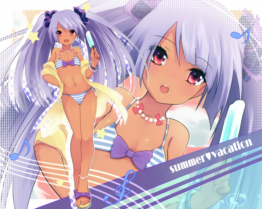 artist_request bikini character_request dark_skin flat_chest hand_on_hip jewelry long_hair navel necklace off_shoulder popsicle purple_hair red_eyes ribbon sandals shirt striped striped_bikini striped_swimsuit swimsuit twintails