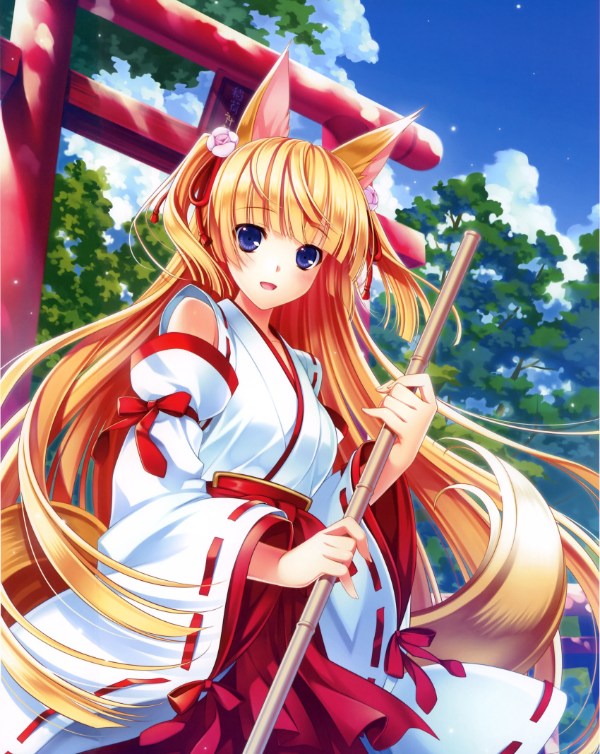 1girl :d absurdres animal_ears blonde_hair broom detached_sleeves fox_ears fox_tail highres japanese_clothes long_hair miko nontraditional_miko open_mouth riv smile tagme tail torii two_side_up very_long_hair