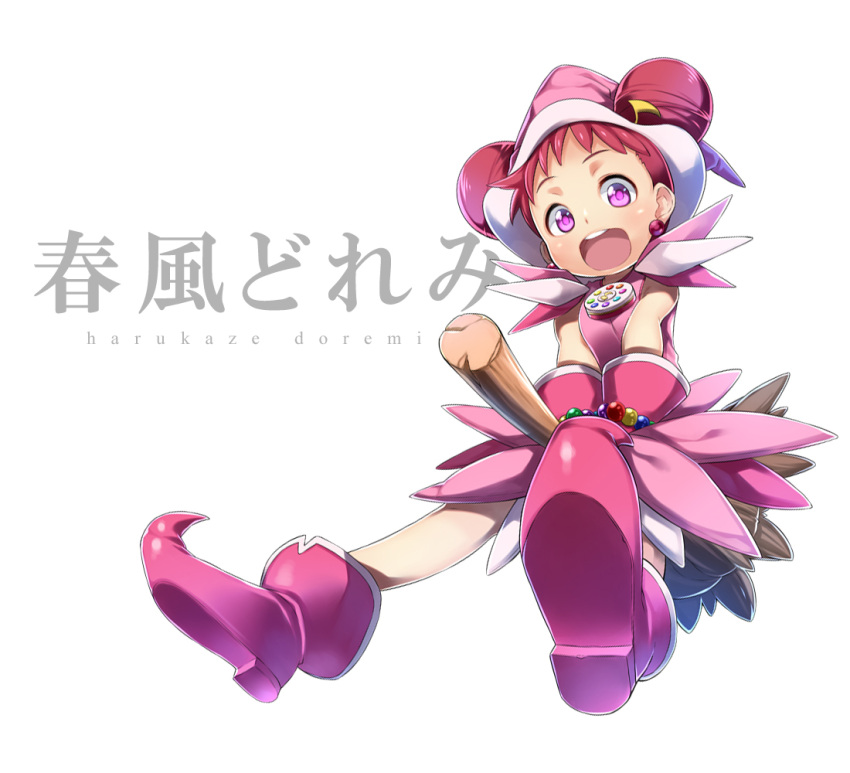 1girl blush broom broom_riding character_name gloves harukaze_doremi hat magical_girl ojamajo_doremi open_mouth redhead skirt smile solo white_background witch_hat yuuzii