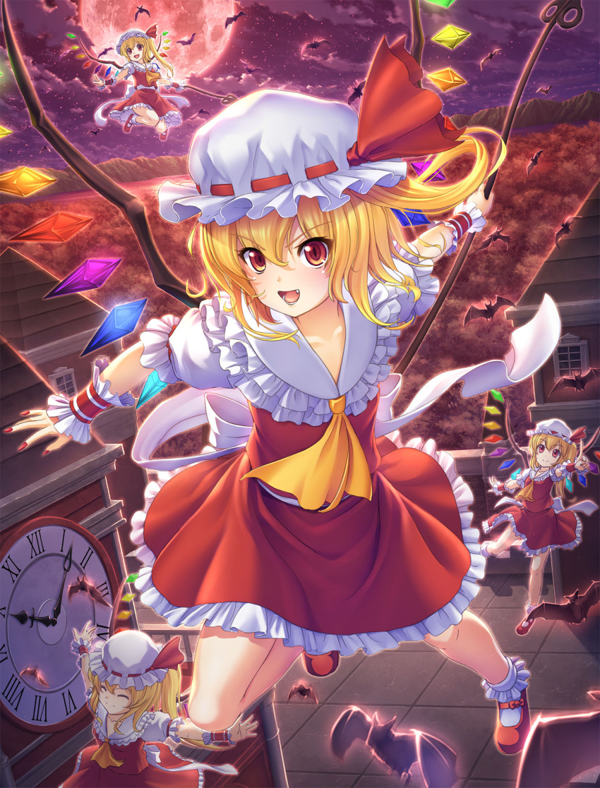 1girl ankle_socks ascot bat blonde_hair clock clock_tower closed_eyes clouds fang fingernails flandre_scarlet flying folded_leg forest four_of_a_kind_(touhou) frilled_skirt frills full_moon hat hat_ribbon highres kurozen laevatein lake looking_at_viewer mary_janes mob_cap moon mountain nail_polish nature night open_mouth outdoors outstretched_arm outstretched_arms red_eyes red_moon ribbon roman_numerals scarlet_devil_mansion sharp_fingernails shoes short_hair short_sleeves side_ponytail skirt skirt_set smile solo spread_arms touhou tower wings wrist_cuffs
