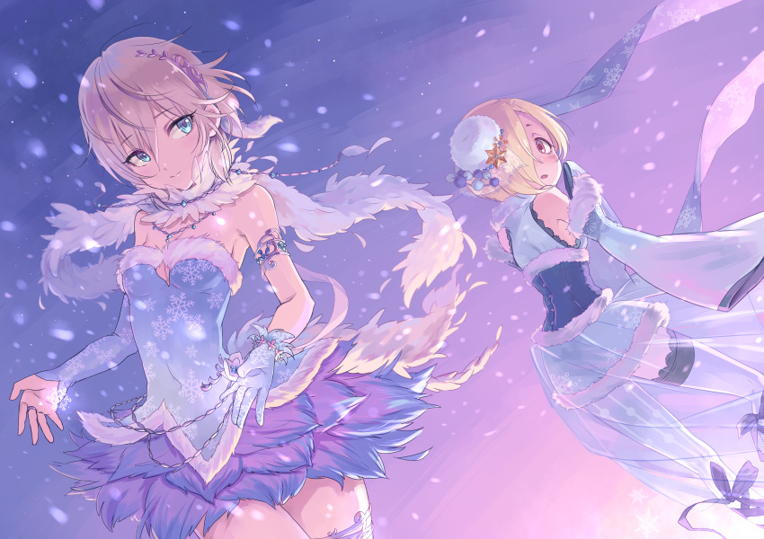2girls anastasia_(idolmaster) armlet bags_under_eyes bare_shoulders blonde_hair blue_dress blue_eyes blue_gloves blush brown_eyes corset detached_sleeves dress feather_boa gloves hair_ornament hair_over_one_eye highres idolmaster idolmaster_cinderella_girls jewelry looking_back multiple_girls necklace open_mouth scarf shirasaka_koume short_hair silver_hair single_glove skirt sleeves_past_wrists smile snow tamaext thigh-highs wide_sleeves