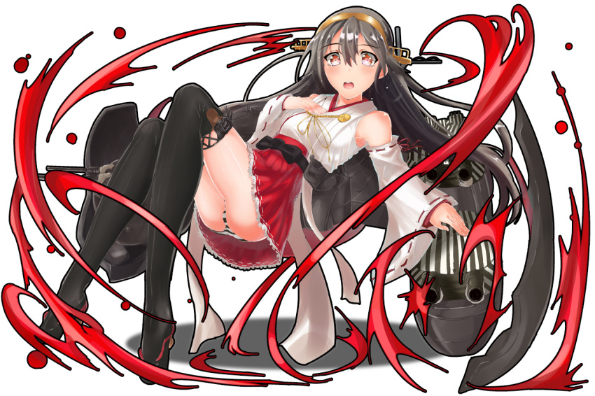 1girl bare_shoulders black_hair detached_sleeves haruna_(kantai_collection) headgear kantai_collection long_hair nontraditional_miko open_mouth panties personification red_eyes sash striped striped_panties thigh-highs turret underwear vyowolf
