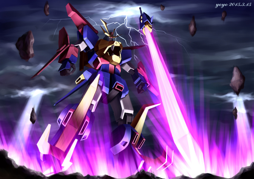 artist_name claws clouds cloudy_sky dated fangs floating_rocks glowing gundam gundam_build_fighters gundam_build_fighters_try gundam_tryon_3 light_rays lightning mecha no_humans planted_sword planted_weapon shield sky solo sword weapon yoyo_(seawayseed)