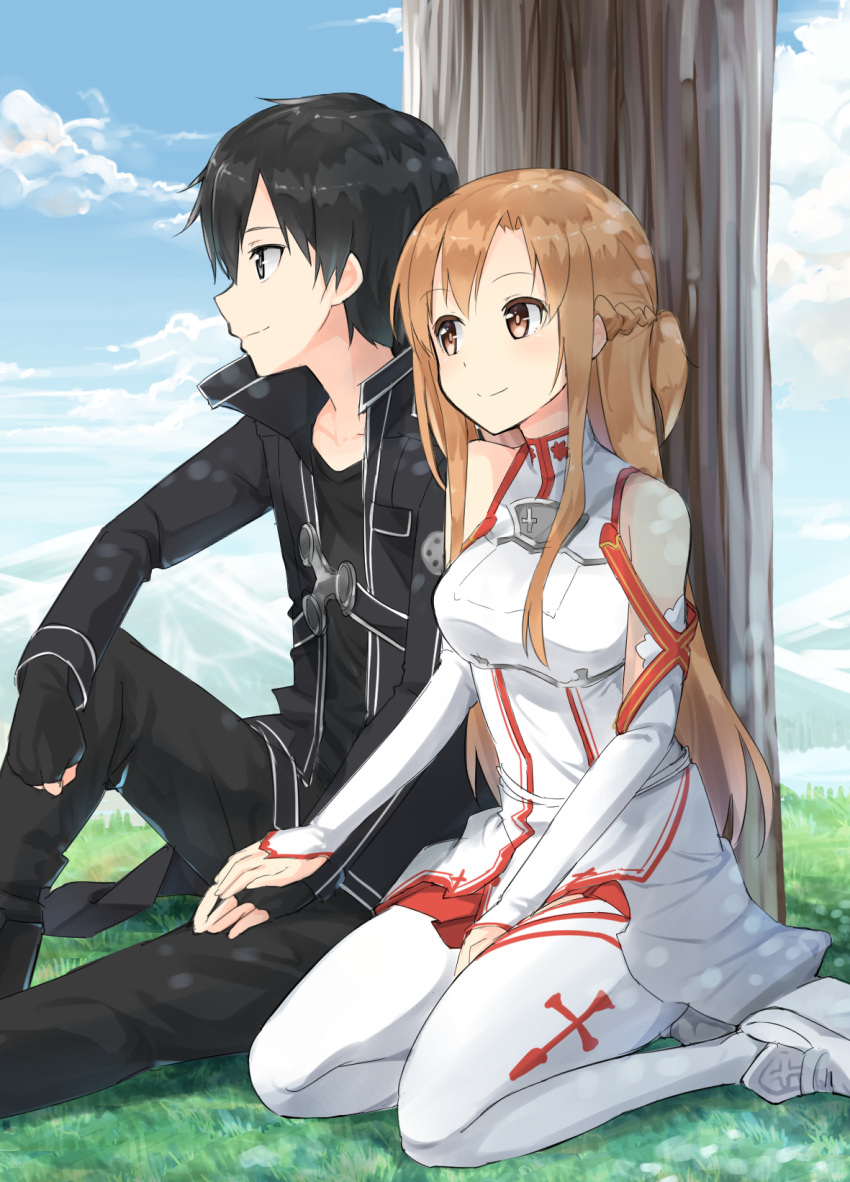 1boy 1girl asuna_(sao) black_eyes black_hair breastplate brown_eyes brown_hair couple fingerless_gloves gloves highres kirito long_hair max_melon_teitoku short_hair sword_art_online thigh-highs