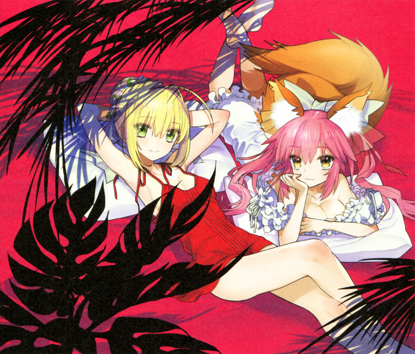 2girls absurdres ahoge animal_ears blonde_hair breasts caster_(fate/extra) cleavage fate/extra fate/extra_ccc fate_(series) fox_ears fox_tail green_eyes hair_ribbon highres multiple_girls official_art ribbon saber_extra tail wada_aruko yellow_eyes