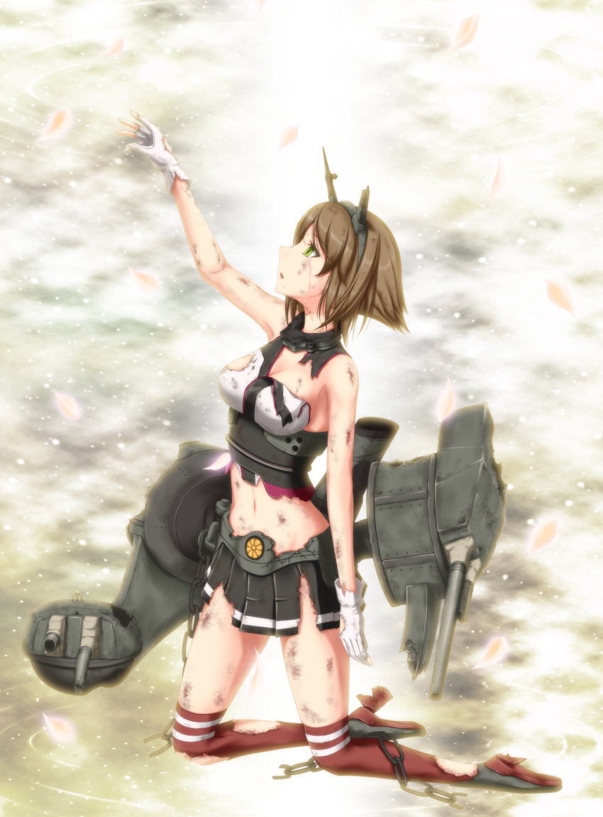 1girl blood brown_hair chain damaged gloves green_eyes hairband highres injury k2-atelier kantai_collection kneeling machinery midriff mutsu_(kantai_collection) navel petals short_hair solo tears thigh-highs torn_clothes turret