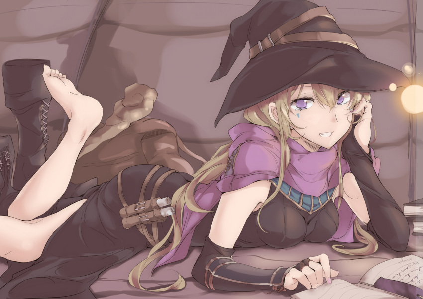 1girl barefoot blonde_hair book boots_removed dress elbow_gloves gloves hat long_hair open_mouth original smile solo staff touma_raito violet_eyes witch_hat
