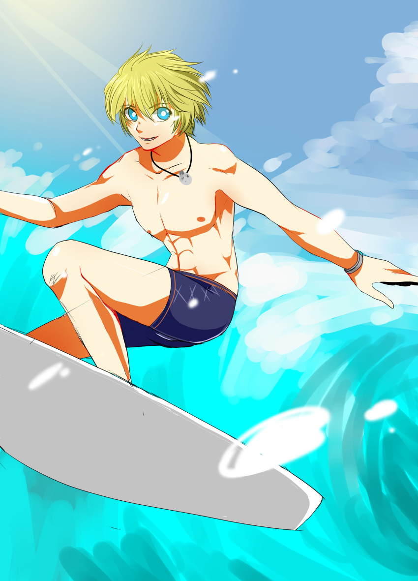 1boy abs absurdres blonde_hair blue_eyes highres jewelry male_focus necklace nintendo short_hair shulk smile solo super_smash_bros. surfboard surfing swim_trunks topless water waves wristband xenoblade