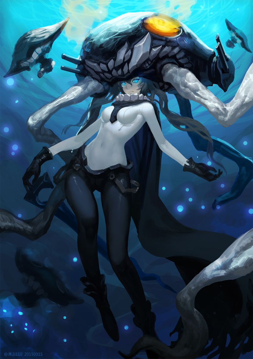1girl artist_name black_boots black_gloves blue_eyes bodysuit boots covered_navel gloves glowing glowing_eyes grey_hair highres kantai_collection long_hair looking_at_viewer shinkaisei-kan solo tiamiso turret underwater white_skin wo-class_aircraft_carrier