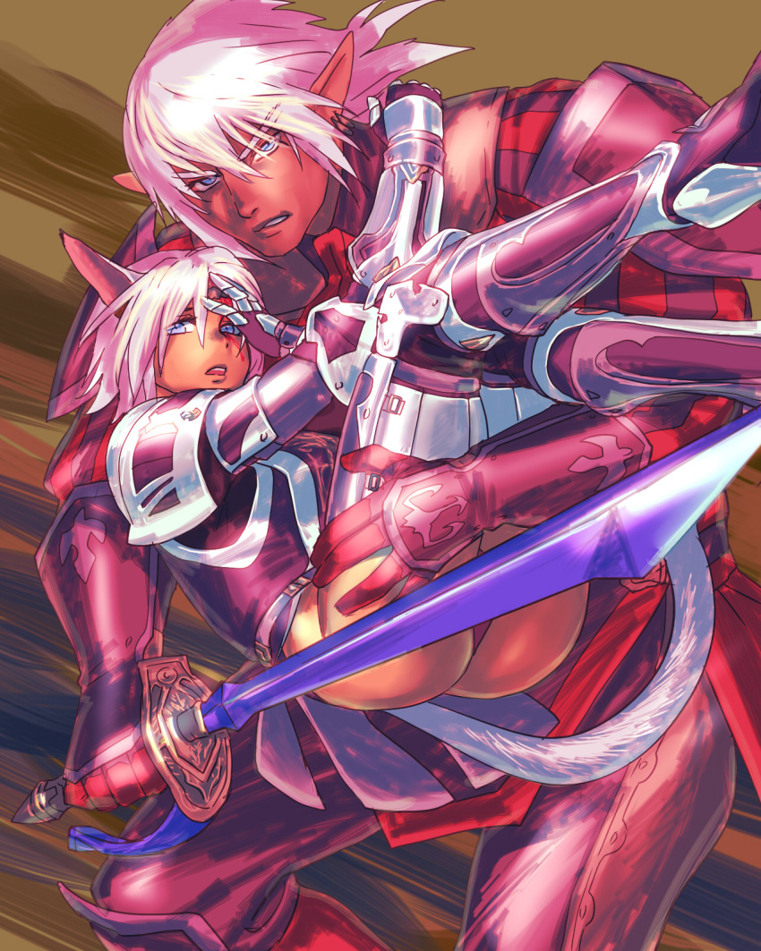 1boy 1girl action animal_ears armor blood blood_on_face blue_eyes carrying earrings elf elvaan final_fantasy final_fantasy_xi gauntlets hand_on_own_face highres injury jewelry looking_at_viewer mithra open_mouth paladin_(final_fantasy) pointy_ears princess_carry quot red_mage short_hair spaulders sword tail weapon white_hair