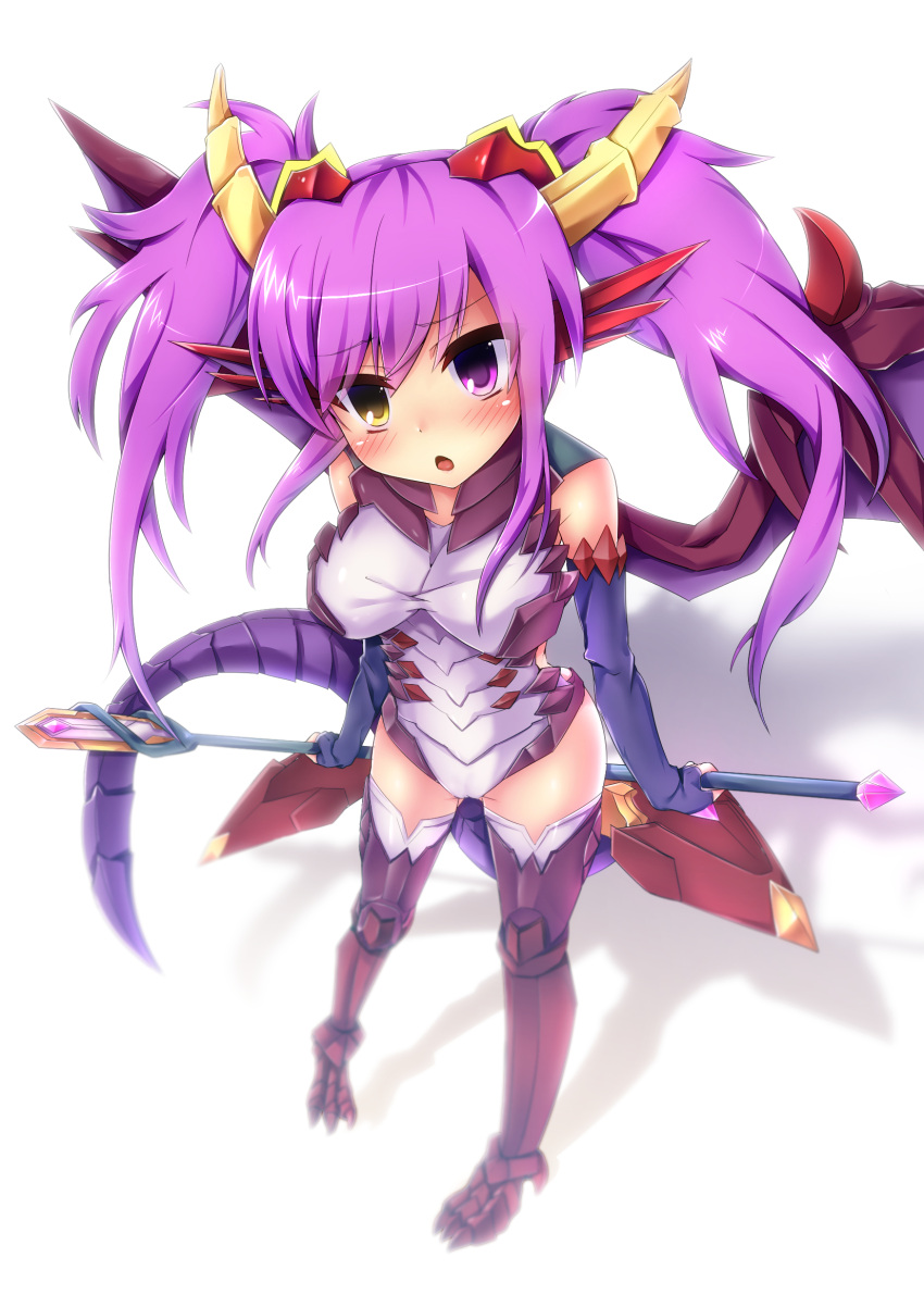 1girl alternate_hairstyle blush elbow_gloves fingerless_gloves gloves greaves heterochromia highres horns purple_hair puzzle_&amp;_dragons red_eyes samoore solo sonia_(p&amp;d) tail twintails violet_eyes wings