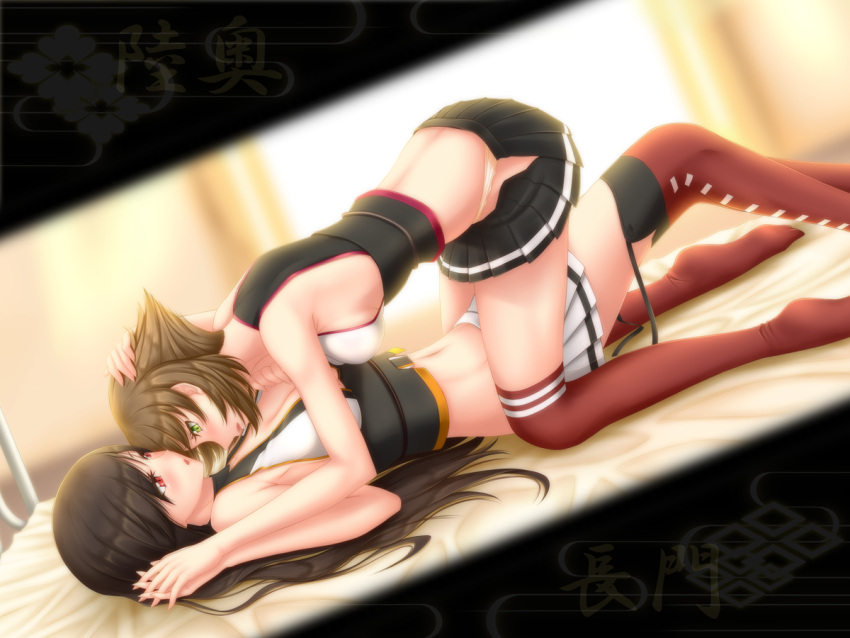 2girls bed black_hair brown_hair green_eyes hand_on_another's_head holding_hands k2-atelier kantai_collection lying midriff multiple_girls mutsu_(kantai_collection) nagato_(kantai_collection) navel no_headwear open_mouth panties red_eyes thigh-highs underwear unzipped white_panties yuri