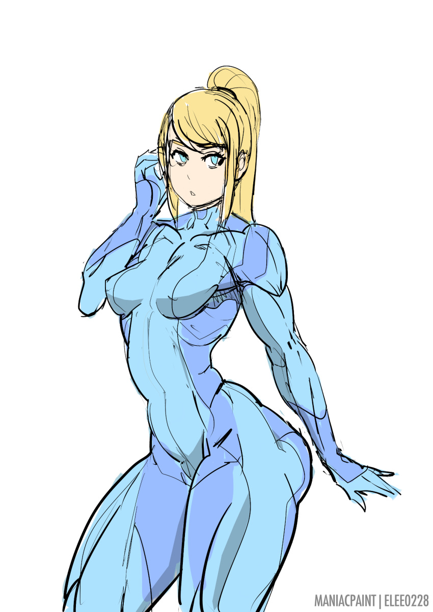 1girl blonde_hair blue_eyes bodysuit cowboy_shot highres long_hair maniacpaint metroid muscle ponytail samus_aran skin_tight small_breasts solo standing thick_thighs thighs zero_suit
