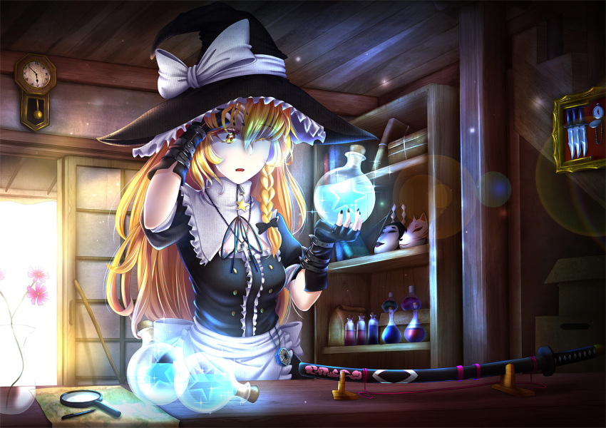 1girl apron black_nails blonde_hair bookshelf bow box braid breasts cardboard_box clock cork cross fingerless_gloves flask flower fox_mask gloves glowing gohei hair_flip hand_in_hair hat hat_bow highres indoors jewelry katana kirisame_marisa knife lens_flare long_hair looking_at_another magnifying_glass map mask mini-hakkero mochi_(chain_csn) nail_polish necklace noh_mask one_eye_closed parted_lips pen pendant pocket_watch puffy_short_sleeves puffy_sleeves sheath sheathed shelf short_sleeves single_braid solo sparkle star sword table touhou vase waist_apron wall_clock watch weapon witch_hat yellow_eyes zipper