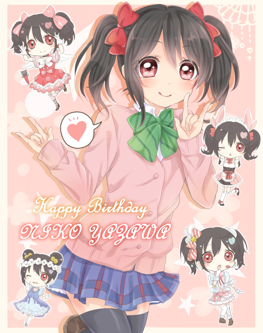 5girls :o :q ;) ;o \m/ black_hair blush_stickers bow cardigan character_name costume double_\m/ double_bun dress food food_on_face gloves hair_bobbles hair_bow hair_ornament hands_on_own_cheeks hands_on_own_face happy_birthday head_wreath heart highres kneehighs love_live!_school_idol_project maid_headdress mashuhope_(chinesere) mogyutto_"love"_de_sekkin_chuu! multiple_girls multiple_persona one_eye_closed red_dress red_eyes school_uniform smile snow_halation spoken_heart standing_on_one_leg tongue tongue_out twintails white_gloves white_wings wings yazawa_nico yume_no_tobira