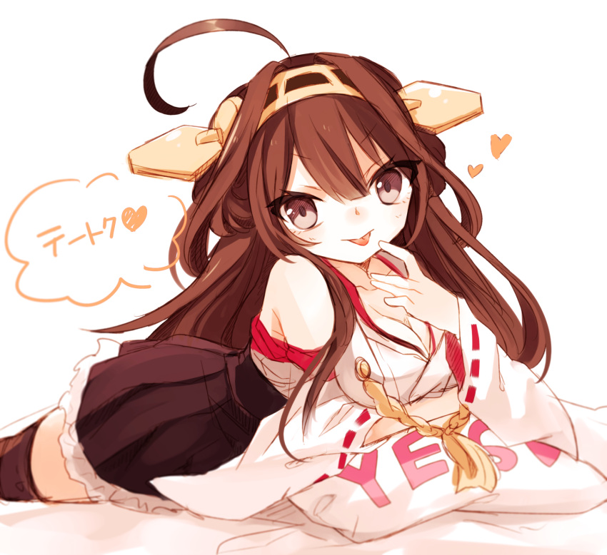 1girl ahoge bare_shoulders boots breasts brown_eyes brown_hair cleavage double_bun headgear heart highres japanese_clothes kantai_collection kongou_(kantai_collection) long_hair looking_at_viewer lying nontraditional_miko on_stomach orqz solo thigh-highs thigh_boots tongue tongue_out white_background yes yes-no_pillow