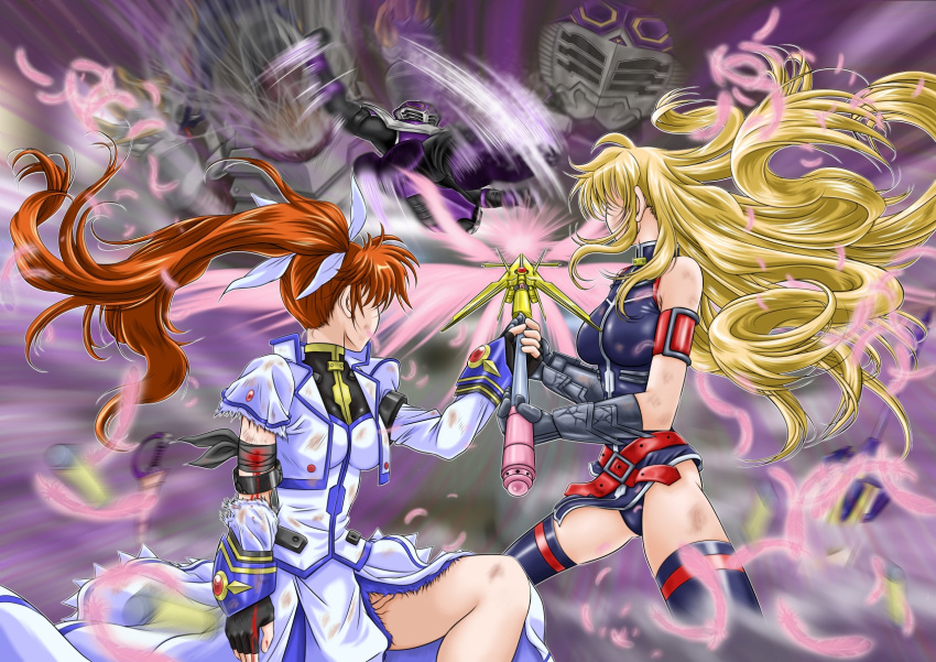 1boy 2girls armor battle crossover epic fate_testarossa feathers female fighting helmet highres kamen_rider kamen_rider_ouja kamen_rider_ryuki_(series) kicking lyrical_nanoha mahou_shoujo_lyrical_nanoha_strikers male multiple_girls raising_heart takamachi_nanoha